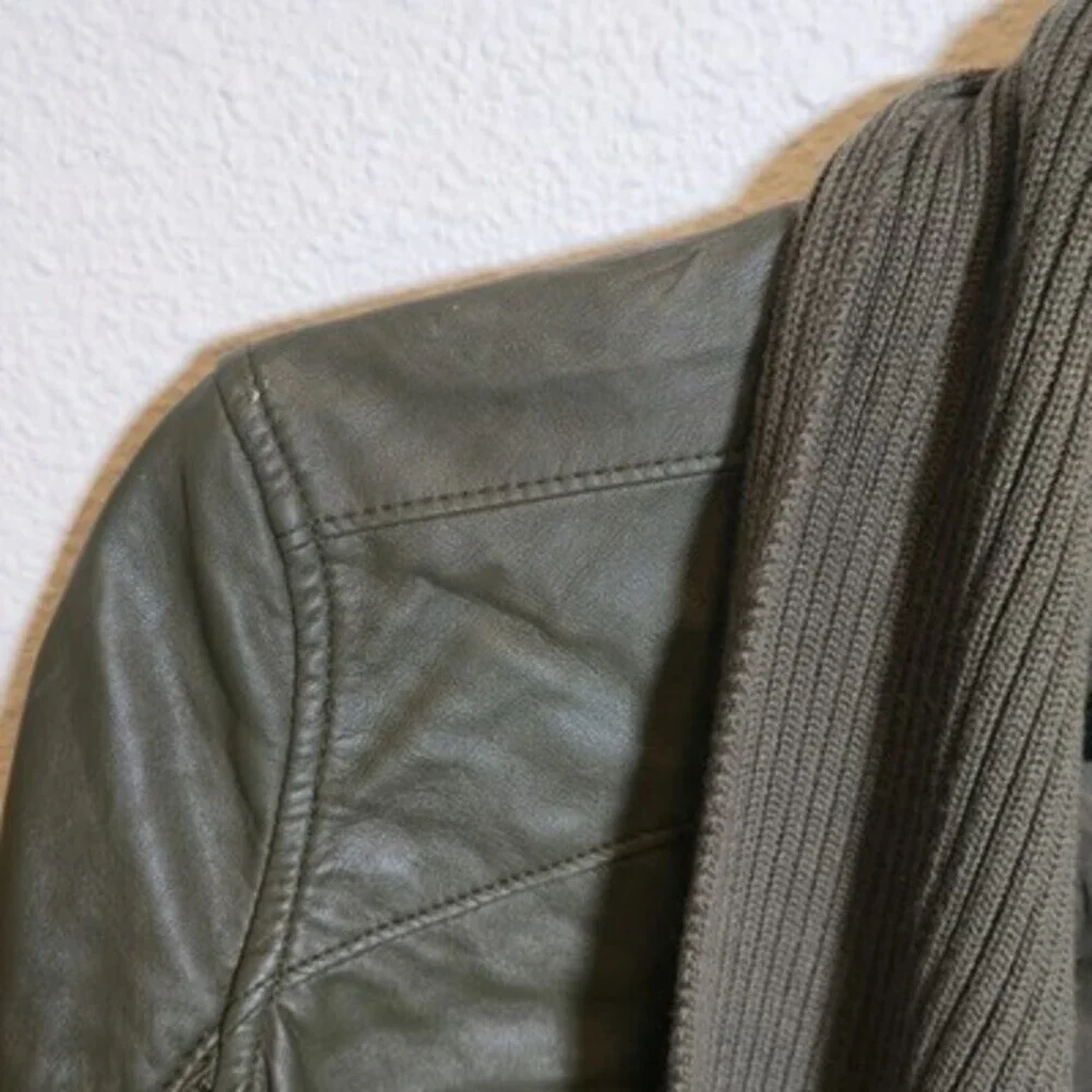 BLANKNYC Olive Green Faux Leather Knit Draped Open Front Moto Jacket XS - Picture 5 of 8